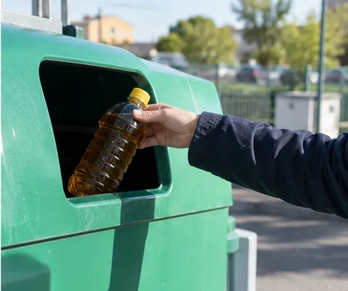 Bottiglia chiusa con olio alimentare usato inserita in un contenitore di raccolta dedicato