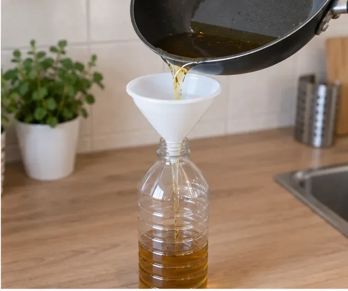 Olio usato versato con un imbuto in una bottiglia di plastica trasparente