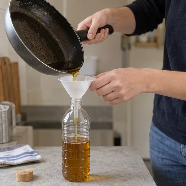 Persona che versa olio alimentare raffreddato attraverso un imbuto in una bottiglia di plastica