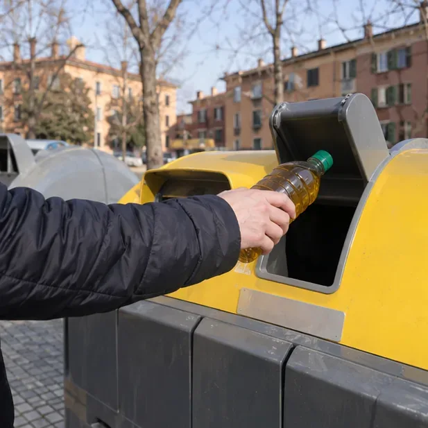 Persona che inserisce una bottiglia chiusa di olio usato in un contenitore stradale dedicato