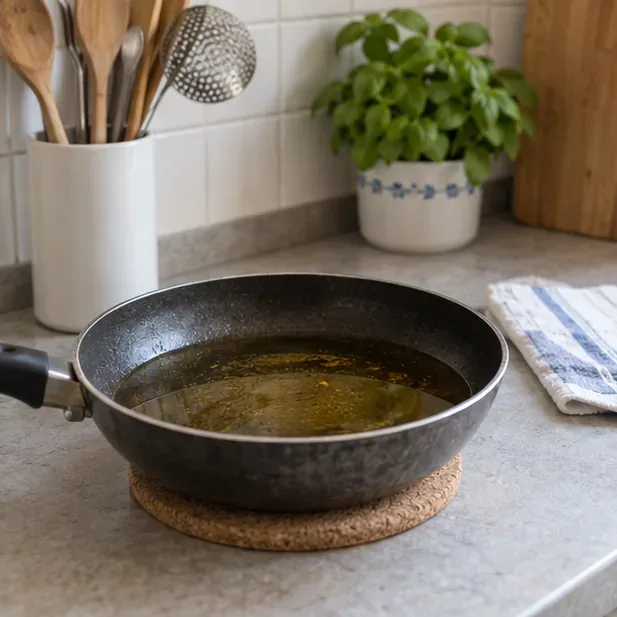 Padella con olio alimentare usato lasciata raffreddare su un piano della cucina