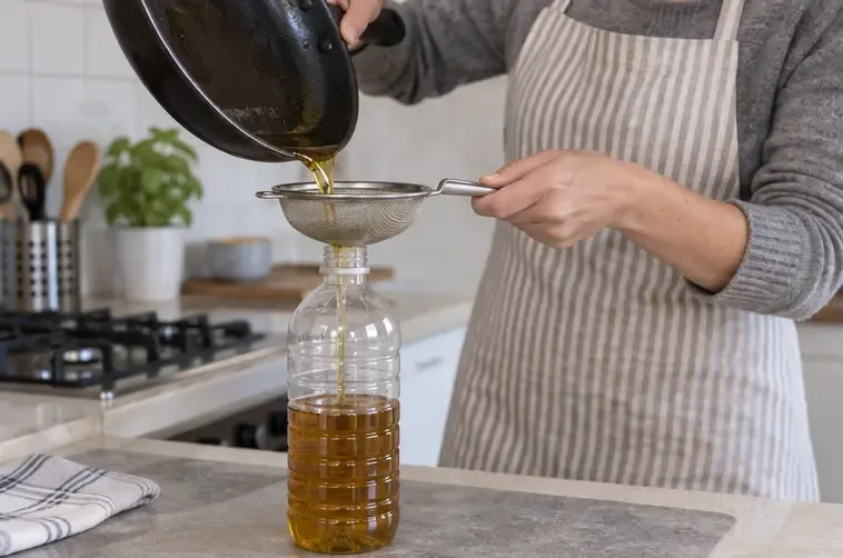 Una persona filtra l’olio di frittura ormai freddo dentro una bottiglia di plastica pulita