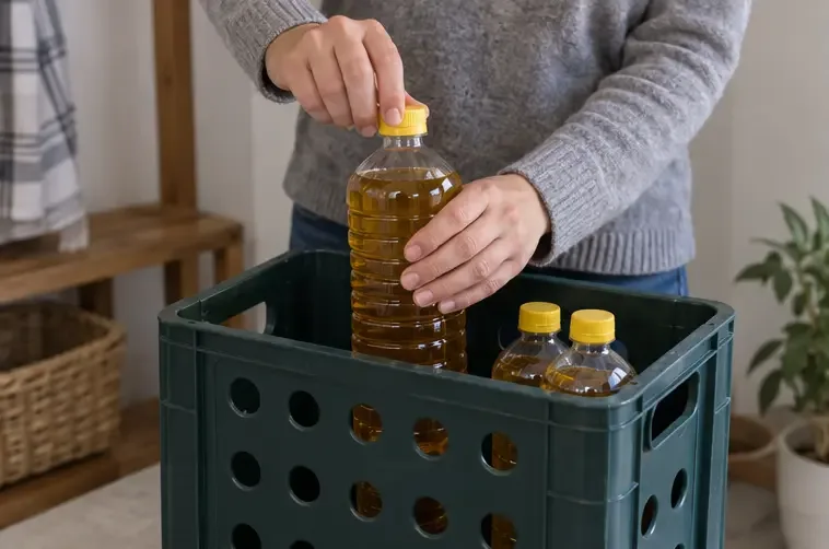 Una persona chiude bene una bottiglia di plastica piena di olio da cucina usato e la sistema in una cassetta