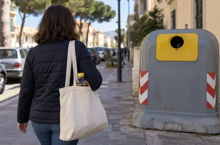 Una residente trasporta una bottiglia chiusa in una borsa riutilizzabile verso un contenitore dedicato in una strada urbana toscana