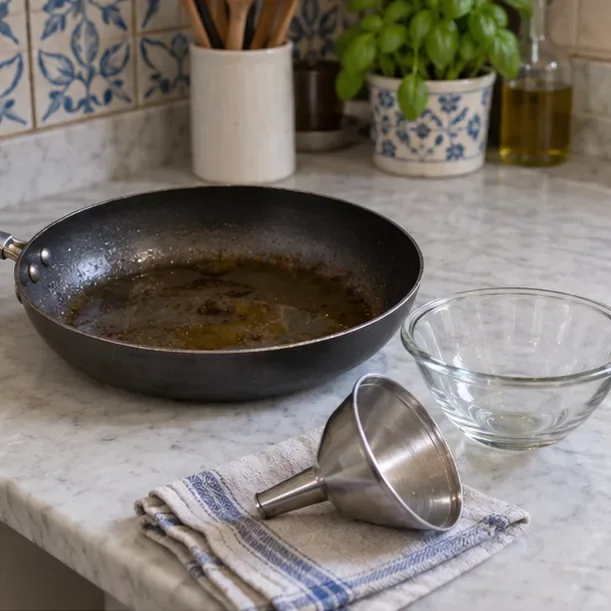 Padella con olio da cucina ormai freddo su un piano di lavoro, accanto a una ciotola e a un imbuto pulito