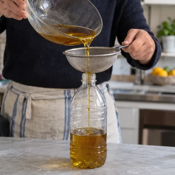 Persona che filtra olio da cucina raffreddato con un colino dentro una bottiglia pulita