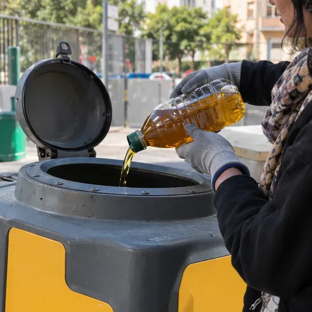Persona con guanti che versa olio da cucina usato in un contenitore dedicato per la raccolta degli oli vegetali