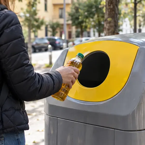 Persona che conferisce una bottiglia chiusa di olio da cucina usato in un contenitore pubblico dedicato