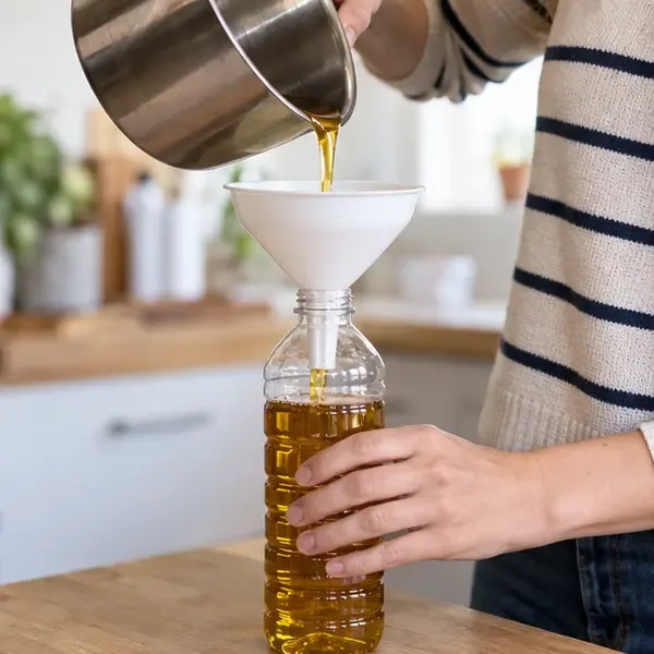 Persona che versa olio alimentare raffreddato attraverso un imbuto dentro una bottiglia di plastica pulita