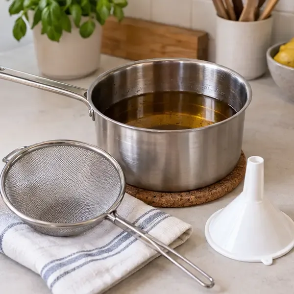 Pentola con olio di frittura raffreddato su un piano cucina accanto a un colino e a un imbuto pulito
