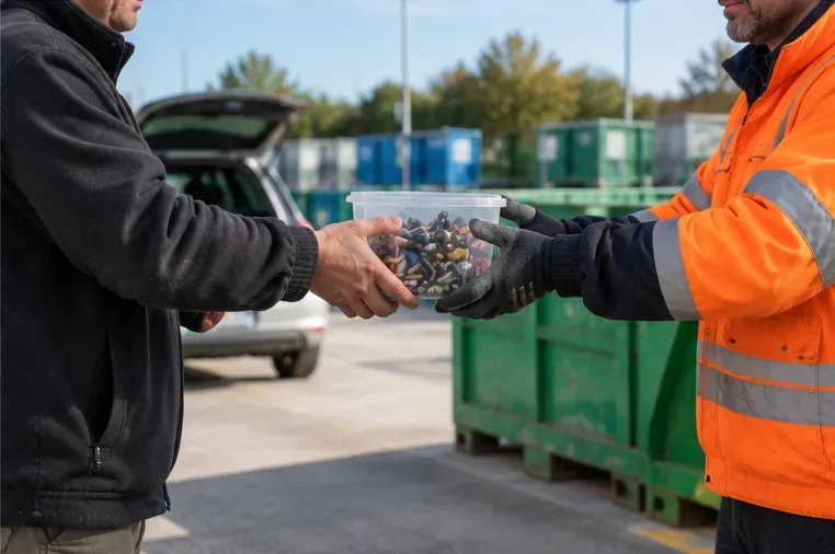 Cittadino che consegna un contenitore di pile esauste a un addetto in un centro di raccolta con cassoni sullo sfondo