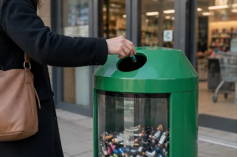 Persona che inserisce una pila esausta in un contenitore verde dedicato alla raccolta delle batterie davanti a un punto vendita