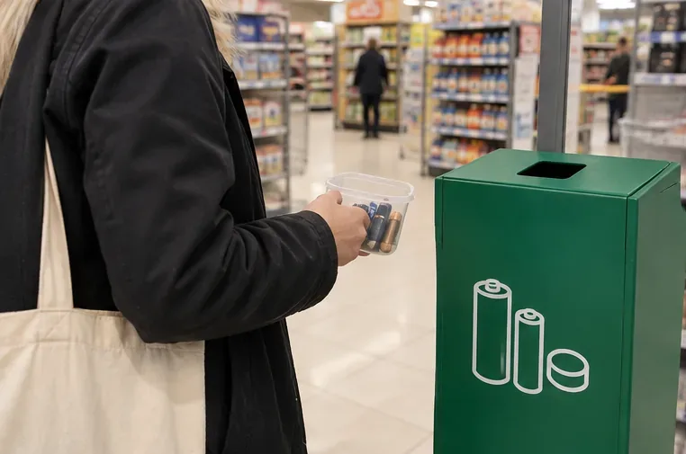 Una persona porta un piccolo contenitore con pile usate verso un raccoglitore dedicato all'interno di un punto vendita