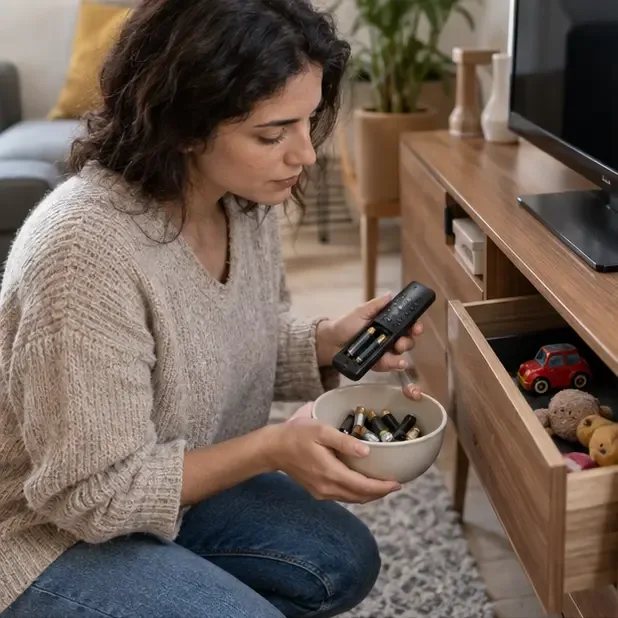 Una donna raccoglie pile usate da un telecomando e da un cassetto domestico in una ciotola