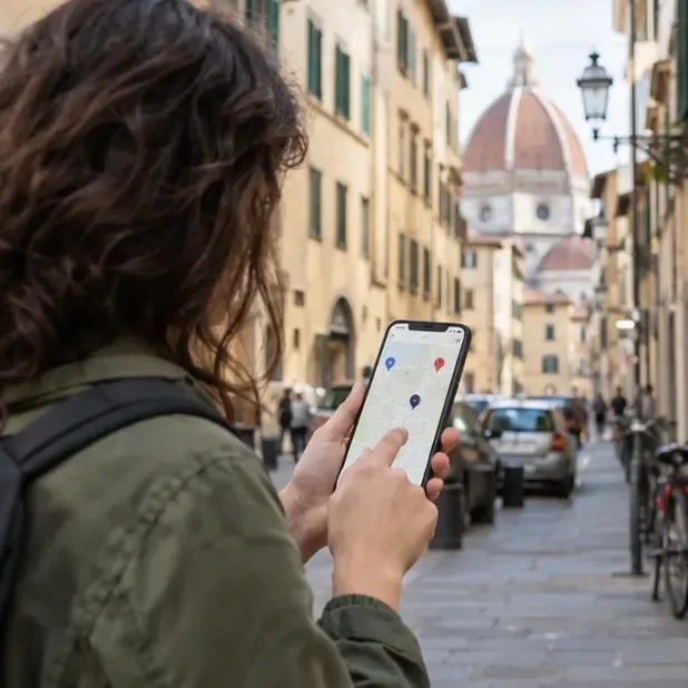 Una persona consulta sul telefono la mappa dei punti di raccolta in una strada di Firenze