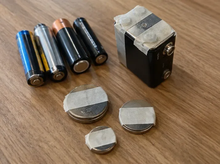 Pile da 9 V e pile a bottone con i terminali coperti da nastro, accanto a normali pile cilindriche su un tavolo