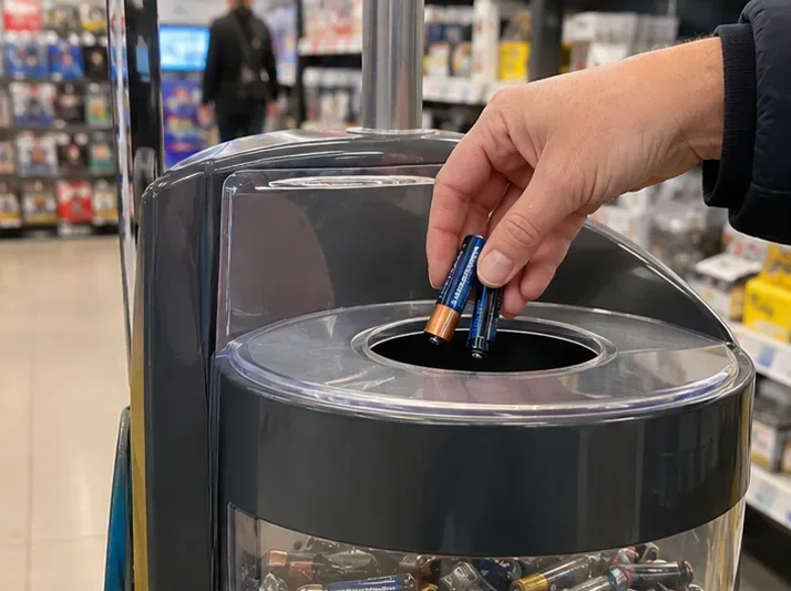 Una mano inserisce due pile cilindriche in un contenitore di raccolta all’interno di un negozio