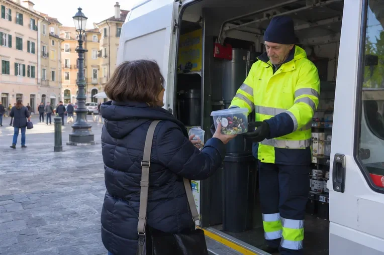 Una persona consegna un piccolo contenitore di pile usate a un operatore presso un furgone mobile di raccolta rifiuti