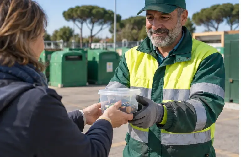 Una residente consegna un contenitore di pile esauste a un operatore in abbigliamento ad alta visibilità
