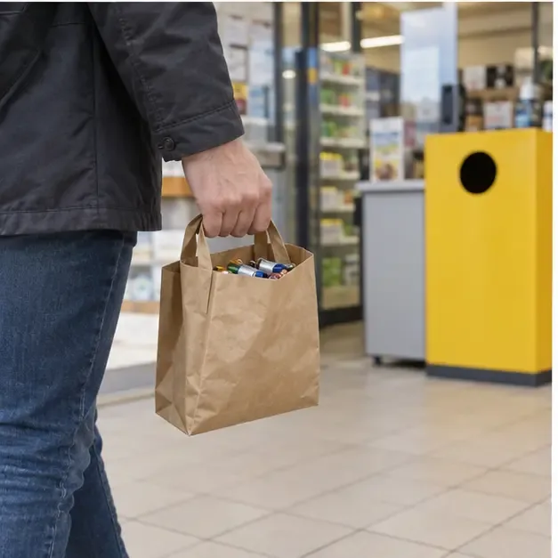 Una persona porta un sacchetto di carta con pile esauste integre verso un contenitore dedicato all’interno di un negozio senza insegne visibili.