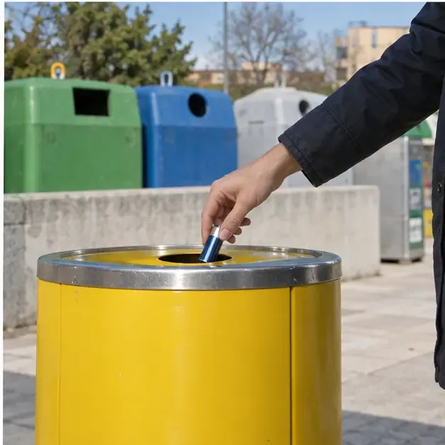 Una mano inserisce una piccola pila cilindrica integra nell’apertura di un contenitore giallo dedicato, con altri contenitori per la raccolta sullo sfondo.
