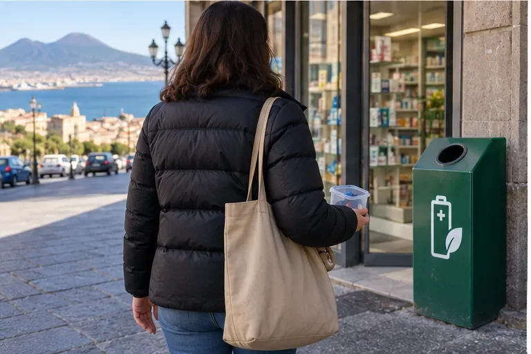 Persona con un piccolo contenitore di pile che si avvicina a un punto dedicato alla raccolta delle batterie in una strada di Napoli