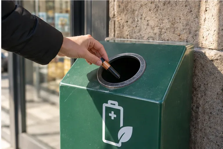 Mano che inserisce una pila cilindrica in un contenitore verde dedicato alla raccolta delle batterie