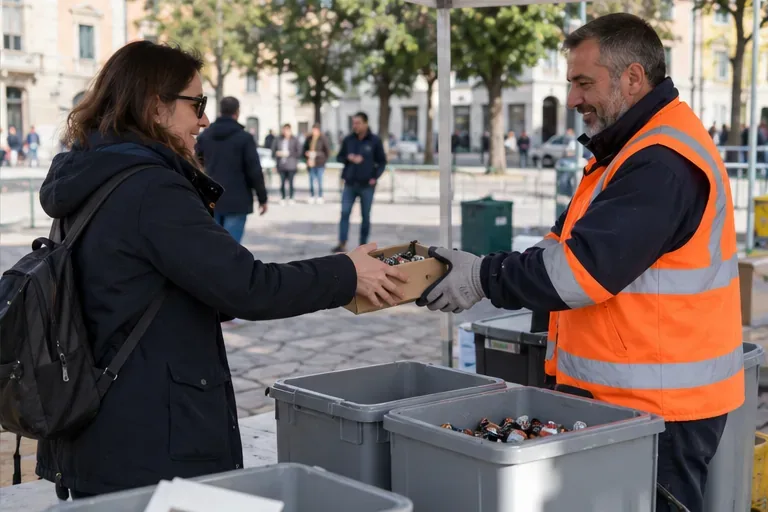Una residente consegna una scatola di pile a un addetto con gilet ad alta visibilità presso una postazione mobile di raccolta all’aperto.
