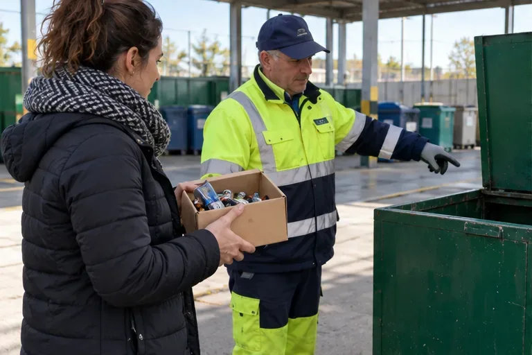 Una residente porta una scatola con piccoli rifiuti a un operatore del Centro di Raccolta, che indica un contenitore.