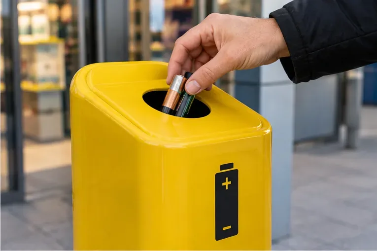 Una mano inserisce piccole pile cilindriche in un contenitore giallo dedicato con simbolo della batteria