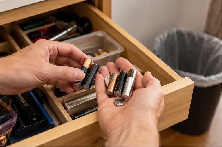 Mani che raccolgono pile AA, AAA e una pila a bottone da un cassetto, tenendole separate dal cestino dei rifiuti