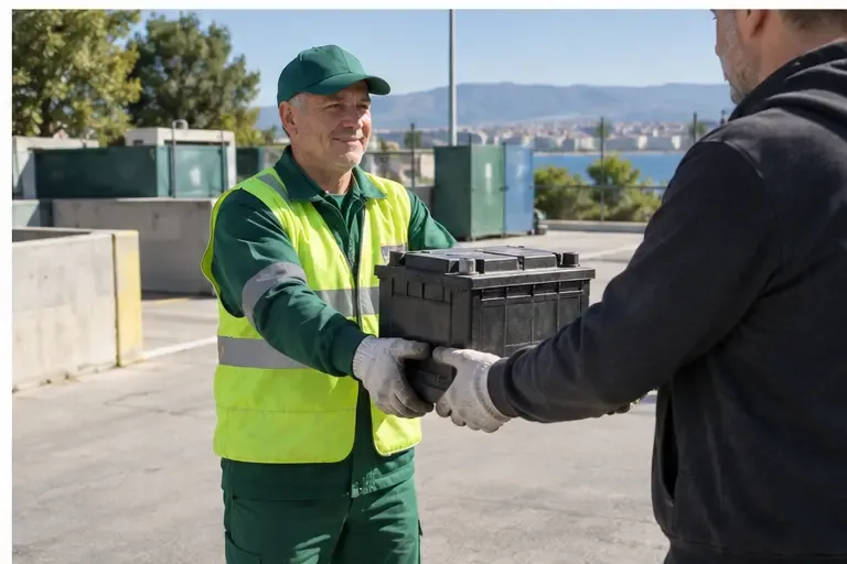 Un addetto riceve una batteria di auto in una cassetta rigida presso un’area di raccolta