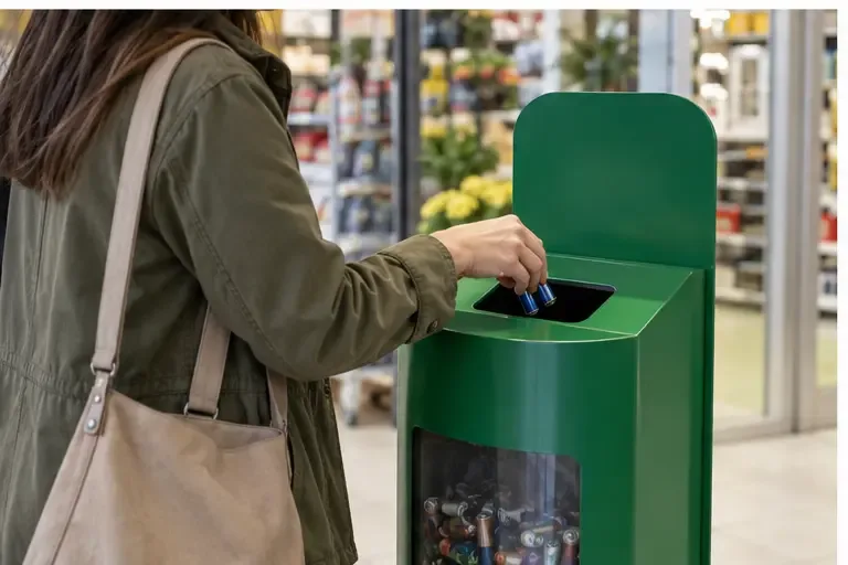 Una persona inserisce pile domestiche in un contenitore verde per la raccolta dedicata