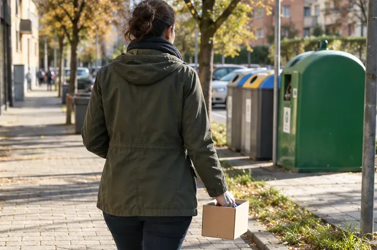 Una persona trasporta una piccola scatola chiusa di pile esauste verso un punto di raccolta urbano, senza mostrare insegne leggibili.
