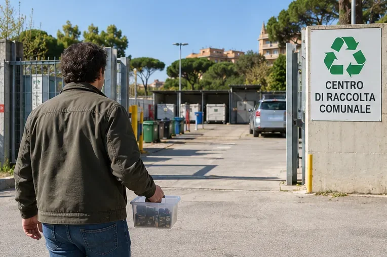 Una persona entra in un centro di raccolta comunale portando una scatola trasparente con pile esauste