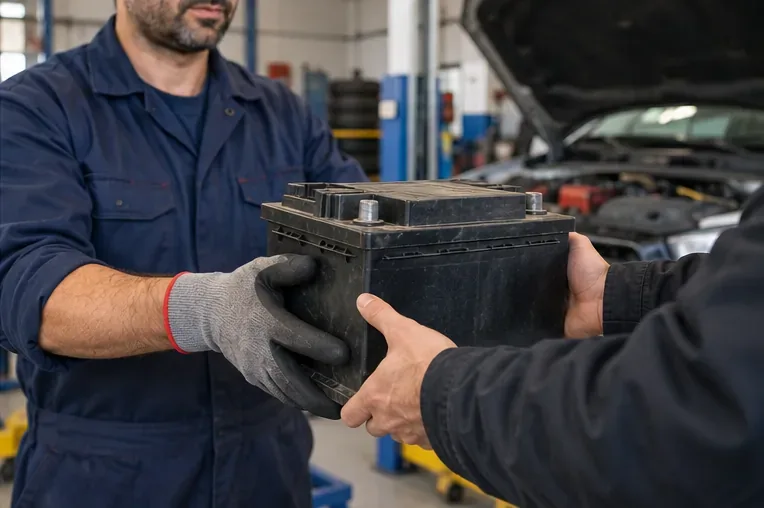 Un automobilista consegna una batteria per auto usata a un meccanico in officina