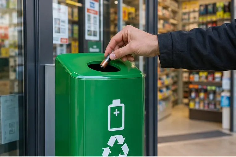 Una mano inserisce una piccola pila in un contenitore verde per la raccolta delle batterie davanti a un negozio