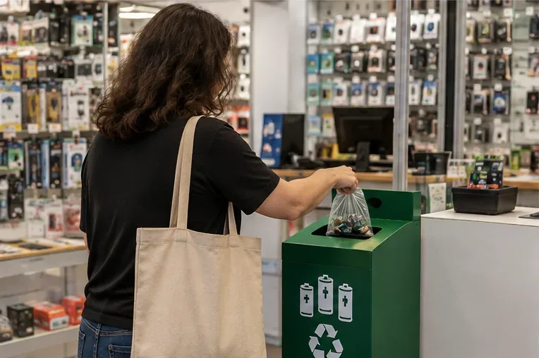 Persona che deposita un sacchetto di pile in un contenitore di raccolta all'interno di un negozio di elettronica