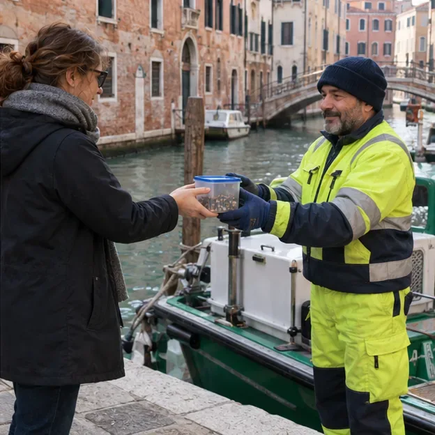 Una residente consegna un piccolo contenitore di pile a un operatore in abbigliamento da lavoro accanto a una barca su un canale veneziano.