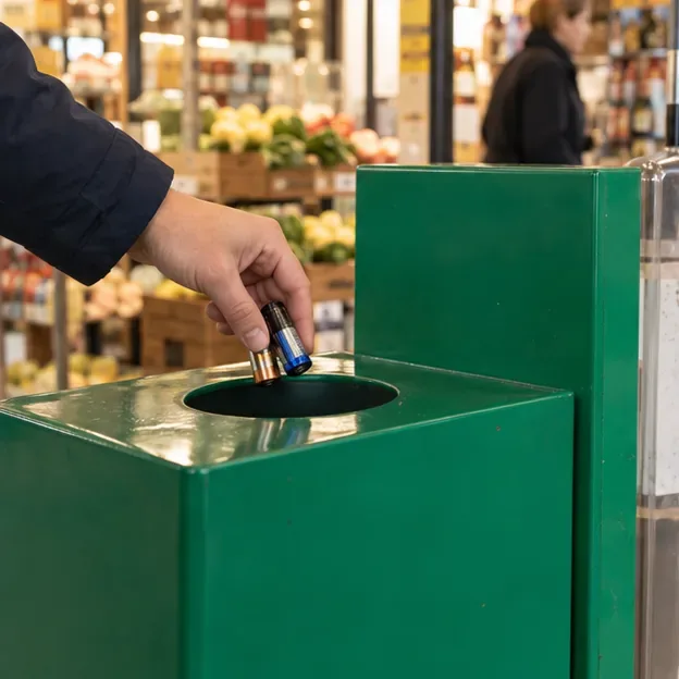 Una mano deposita due pile domestiche nell’apertura di un contenitore dedicato in un negozio.