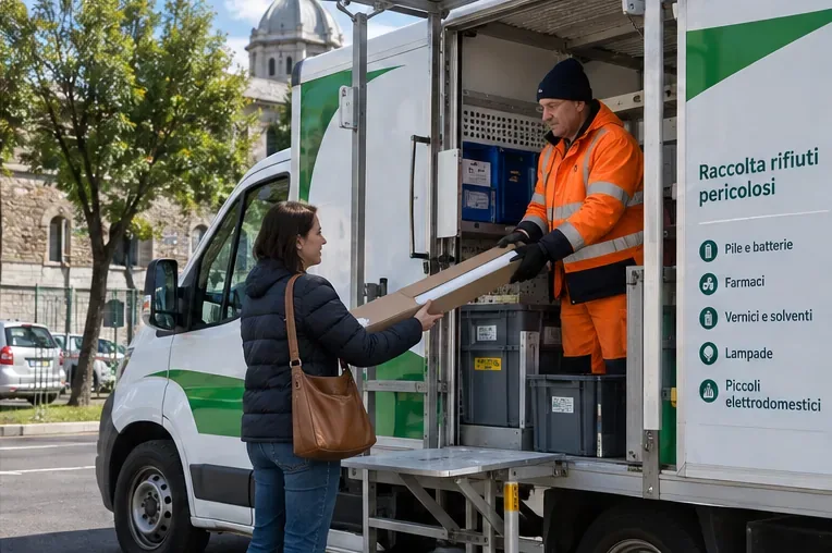 Una cittadina consegna un tubo fluorescente imballato a un operatore di un mezzo mobile per la raccolta di rifiuti pericolosi.
