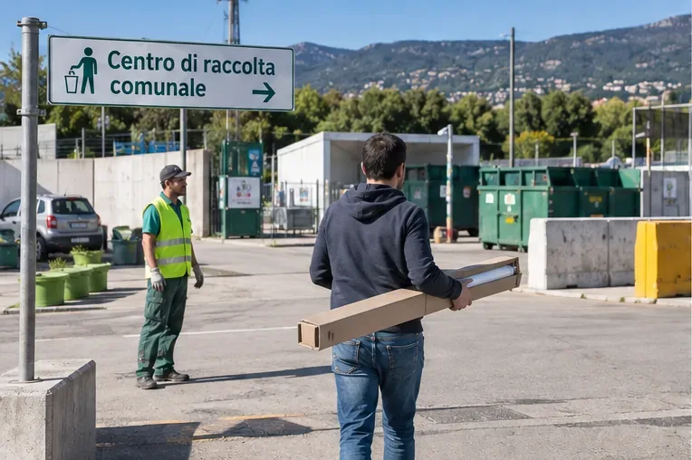Una persona porta un tubo fluorescente protetto in una scatola verso un centro di raccolta comunale.
