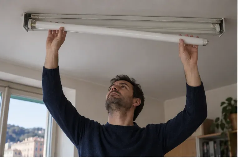 Una persona rimuove con entrambe le mani un tubo fluorescente integro da una plafoniera a soffitto