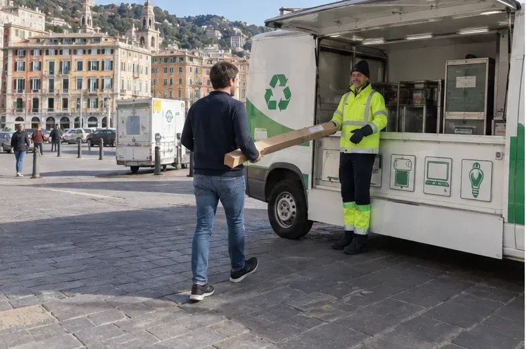 Una persona porta una scatola lunga contenente un tubo fluorescente verso un furgone mobile di raccolta rifiuti