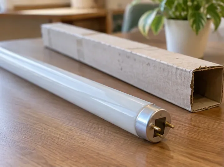 Un tubo fluorescente integro appoggiato su un tavolo accanto al suo involucro di cartone, pronto per essere preparato al conferimento