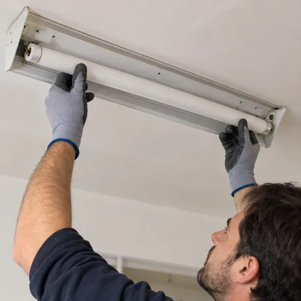 Persona con guanti che rimuove con entrambe le mani un tubo fluorescente integro da una plafoniera a soffitto