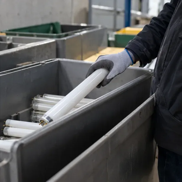 Operatore con guanti che deposita delicatamente un tubo fluorescente integro in un contenitore con altre sorgenti luminose