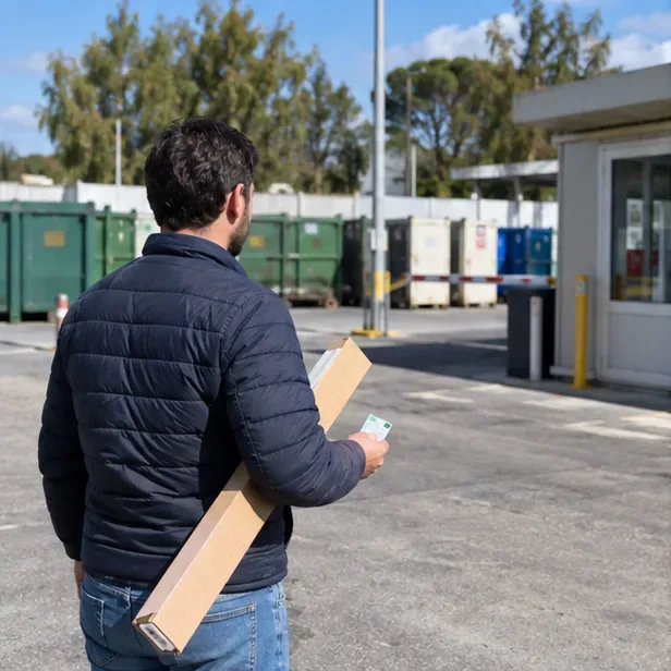 Persona che entra in un centro di raccolta con una scatola lunga contenente un tubo fluorescente e una tessera in mano
