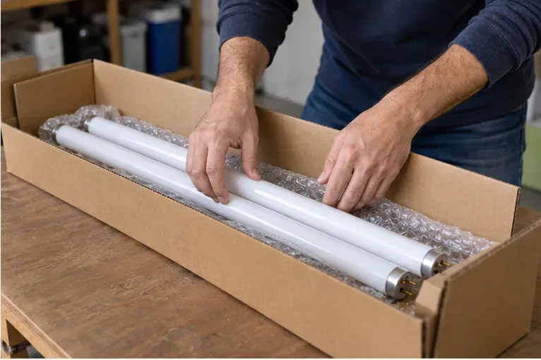 Tre tubi fluorescenti integri appoggiati in una scatola lunga con materiale protettivo
