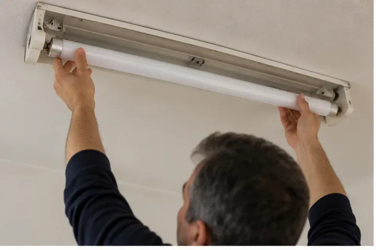 Una persona rimuove con entrambe le mani un tubo fluorescente da una plafoniera a soffitto